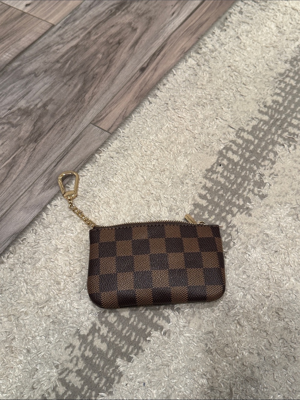 Daisy Rose Brown Check Mini Key Pouch with Gold Chain Accent